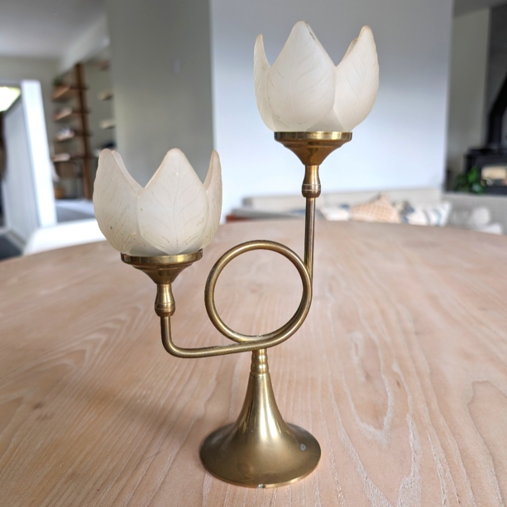 🌱Vintage Brass/Glass Flower Votive Holder